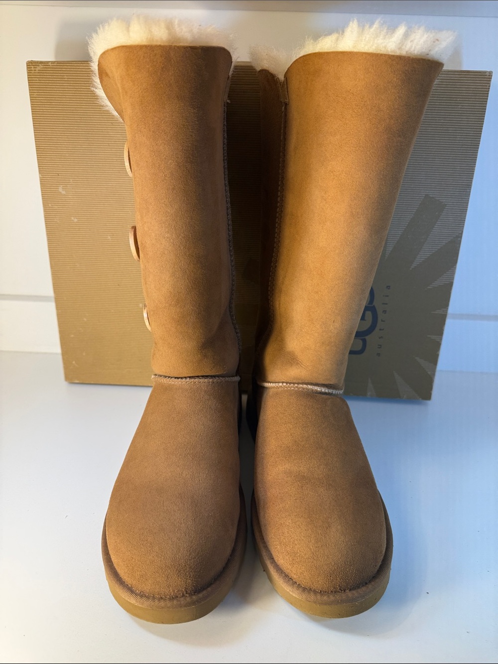 UGG Bailey Button Triplet Tall Shearling Boots in Chestnut Suede - Size 9